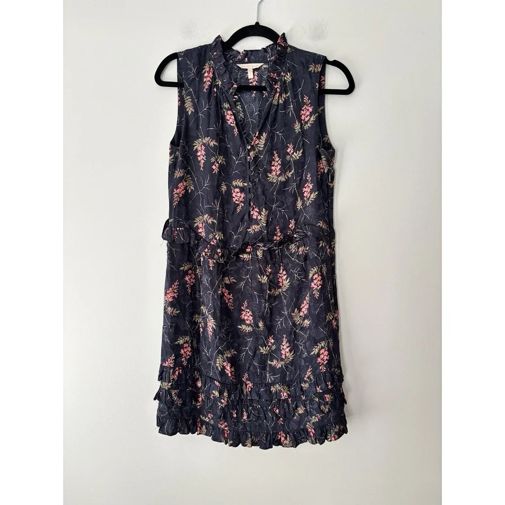 REBECCA TAYLOR Ivie Floral Ruffle Silk Blend Dress In Navy Combo Size 4‎